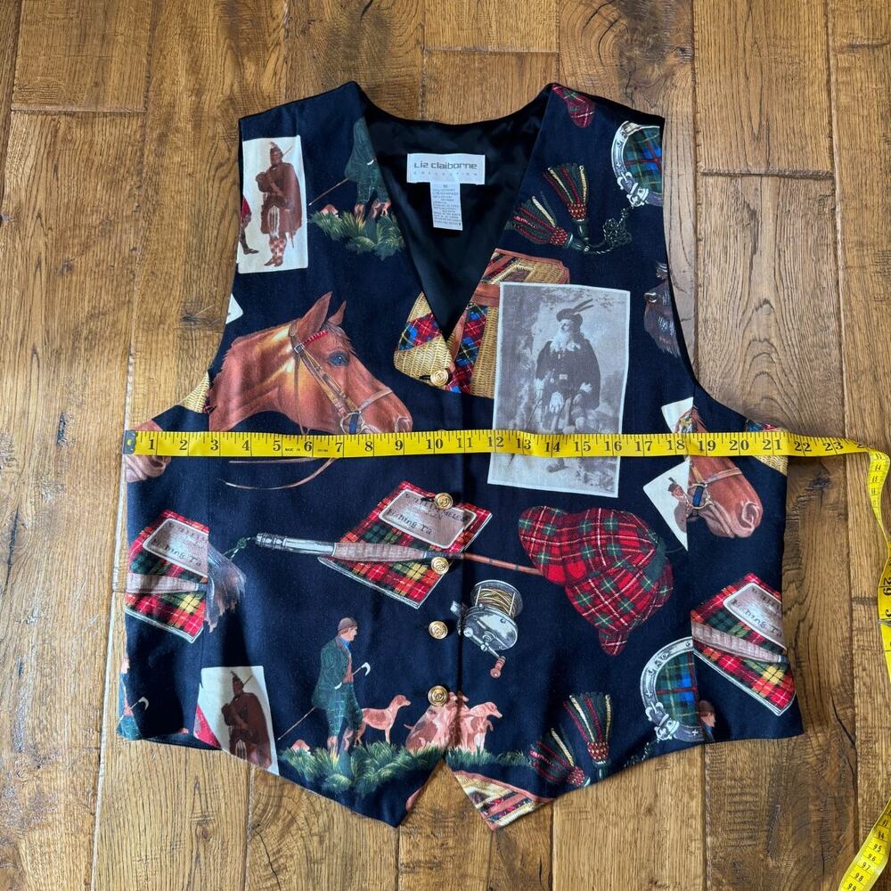 Vtg Liz Claiborne Vest Womens Sz 16 Black Horse Scottish Equestrian Hunting 80’s - Picture 4 of 5